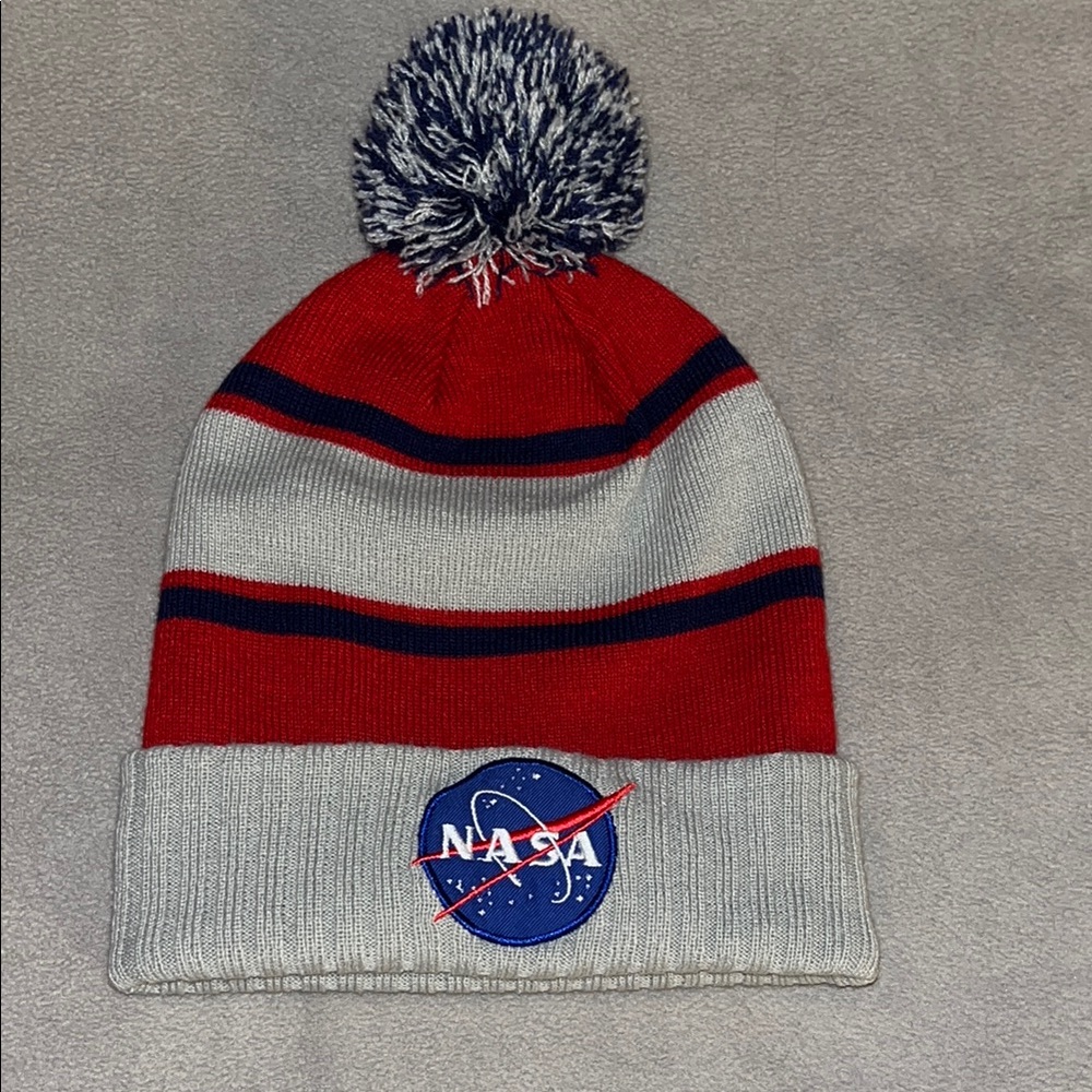 NWOT.  NASA Red and Gray Knit Pom-Pom Beanie